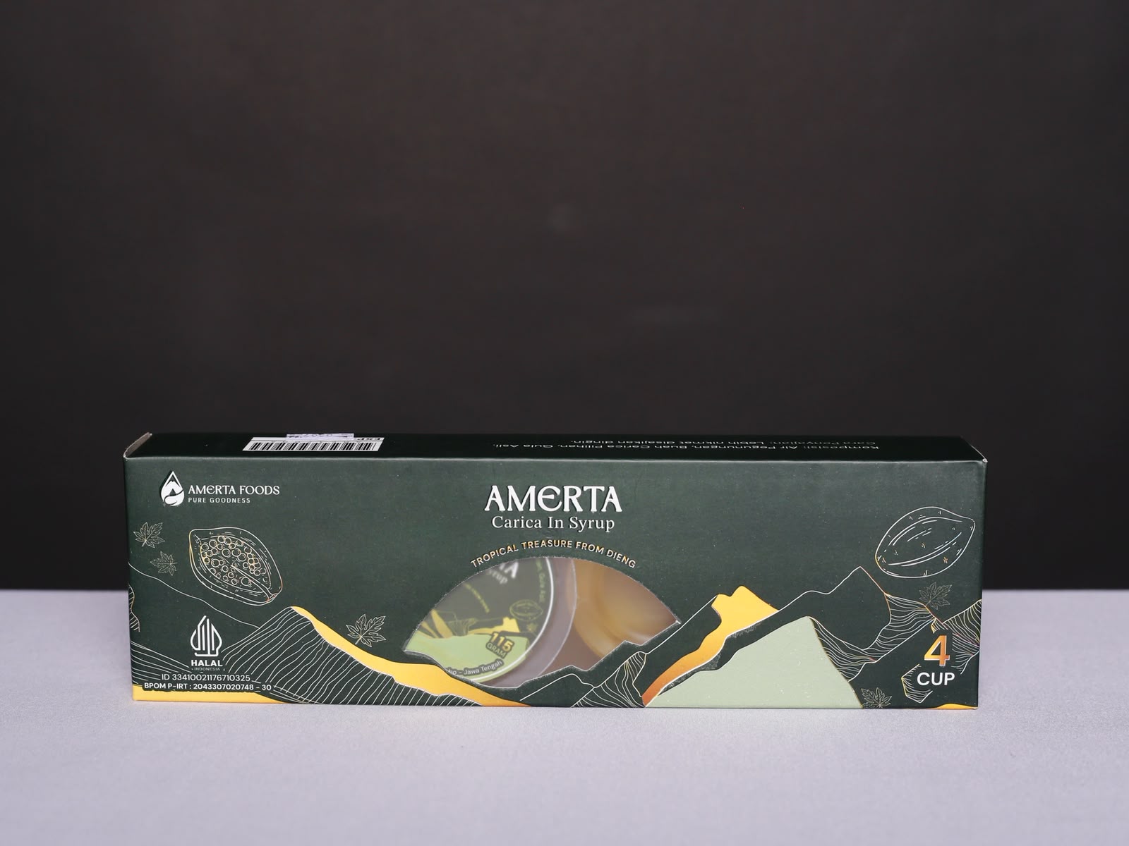 AMERTA Carica in Syrup, tampak samping kemasan 4 Cup