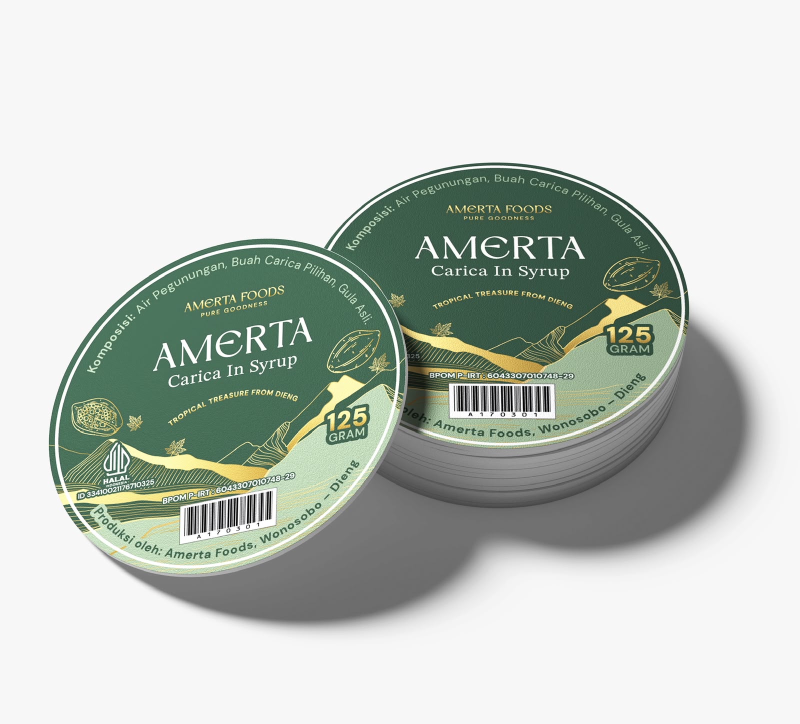Label AMERTA Carica in Syrup, menunjukkan komposisi dan asal produk